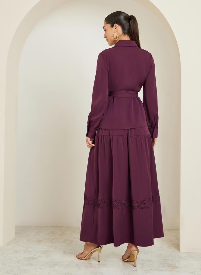Styli Burgundy Lace Trim Shirt and Maxi Skirt Co-Ords - Image 5